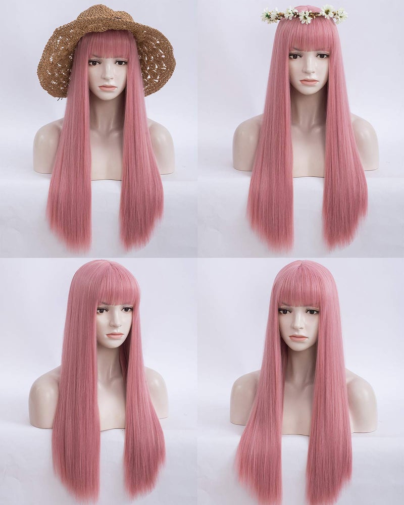 Netgo Pink Wigs, Long Straight Wig with Bangs for Women, 27 inch Heat Resistant Synthetic Cosplay Party Wigs With Bangs for Girls - Image 2